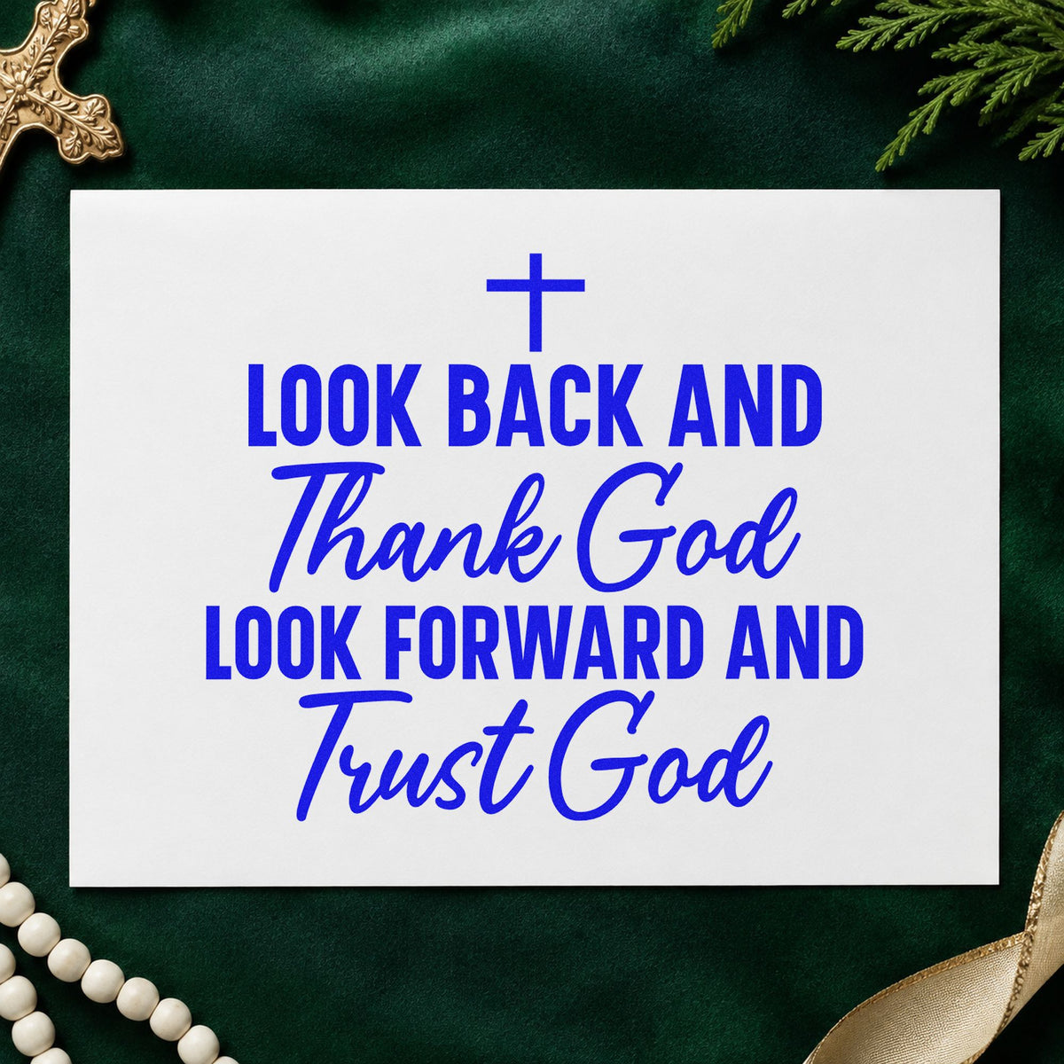 Thank God and Trust God craft stamp imprinted in blue ink on paper, a design suited to retirement cards.