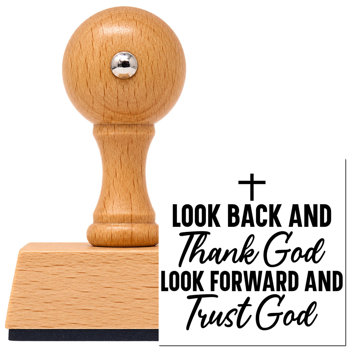 Vintage Pro beech wood stamp with a round knob handle, shown with its black Thank God And Trust God imprint on white.