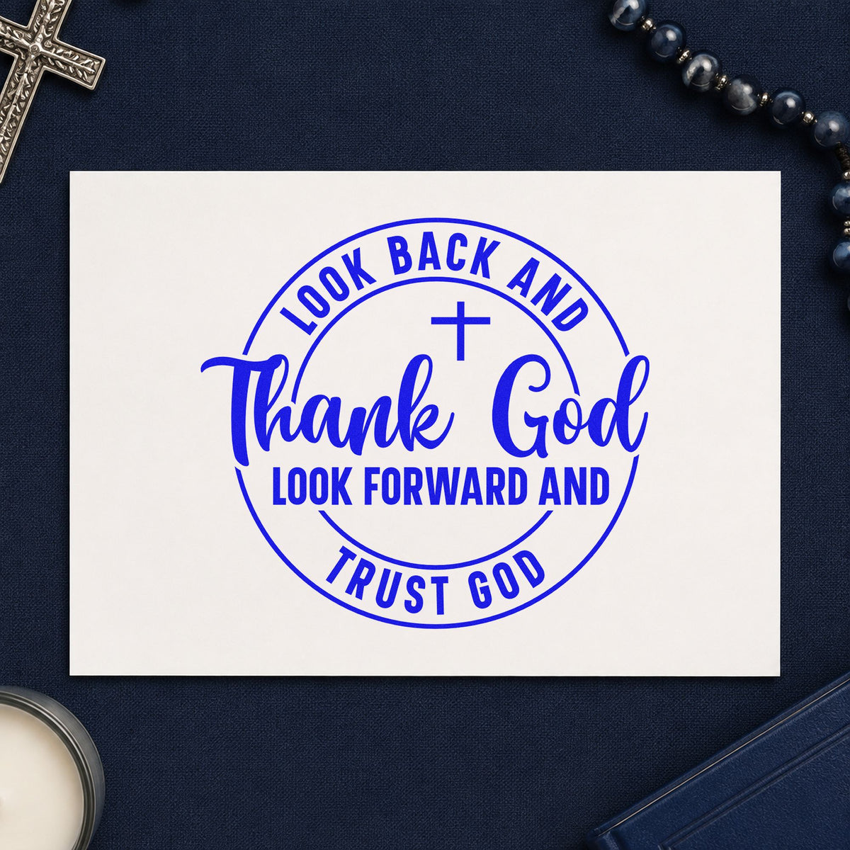 Thank and Trust God Circle craft stamp in blue ink on cardstock, an easy option for coasters.