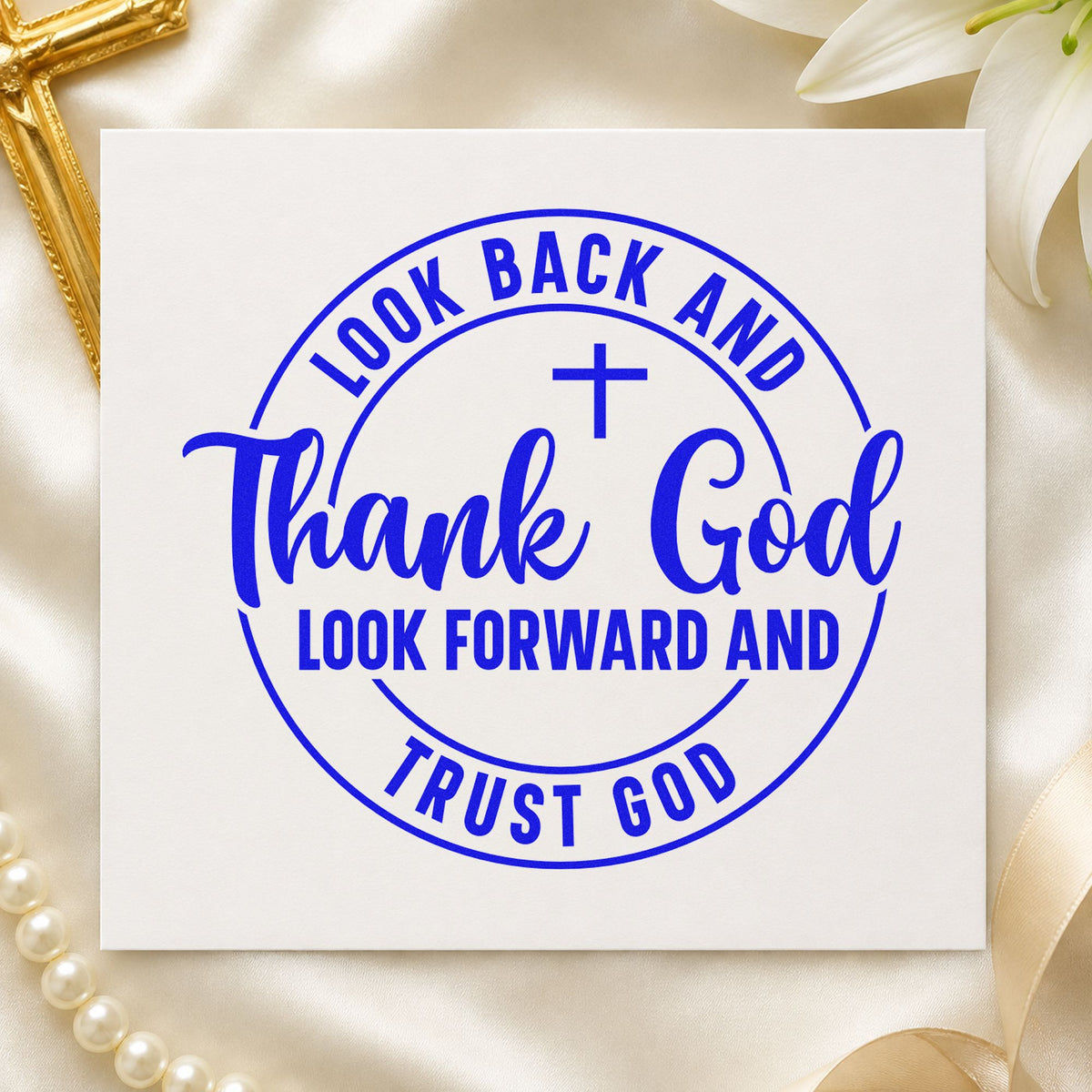 Thank and Trust God Circle craft stamp imprinted in blue ink on paper, a design suited to retirement party favors.