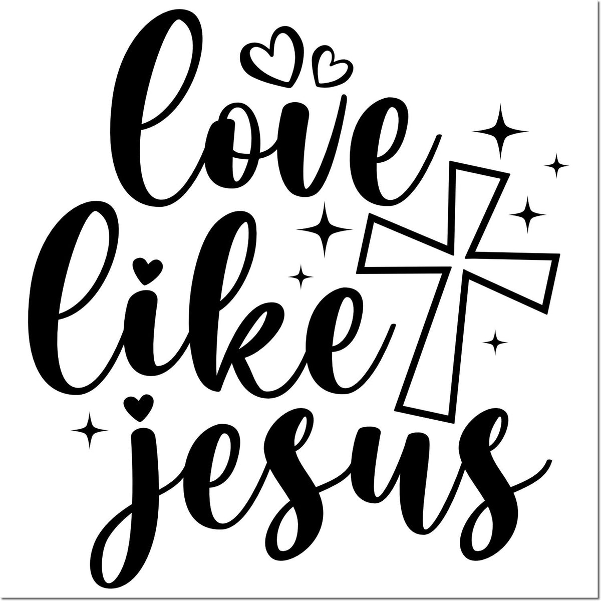 Black Love like Jesus stamp and seal design with hearts, sparkles, and an outlined cross on a white background.