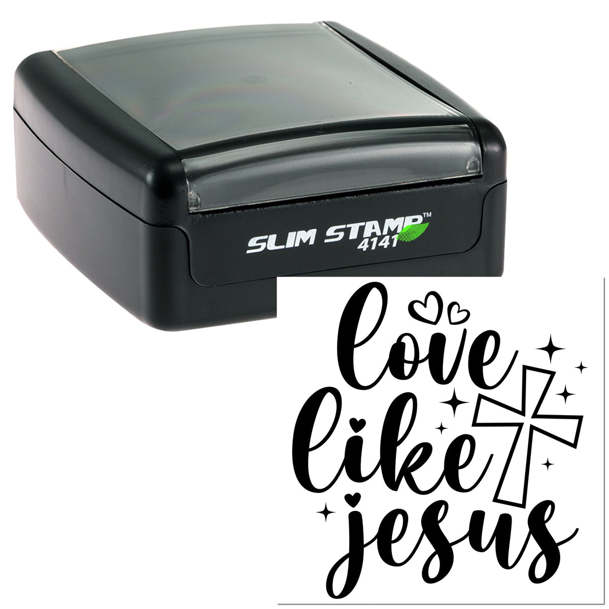 Black Slim Stamp self-inking seal with white love like Jesus script, hearts, sparkles, and cross design.