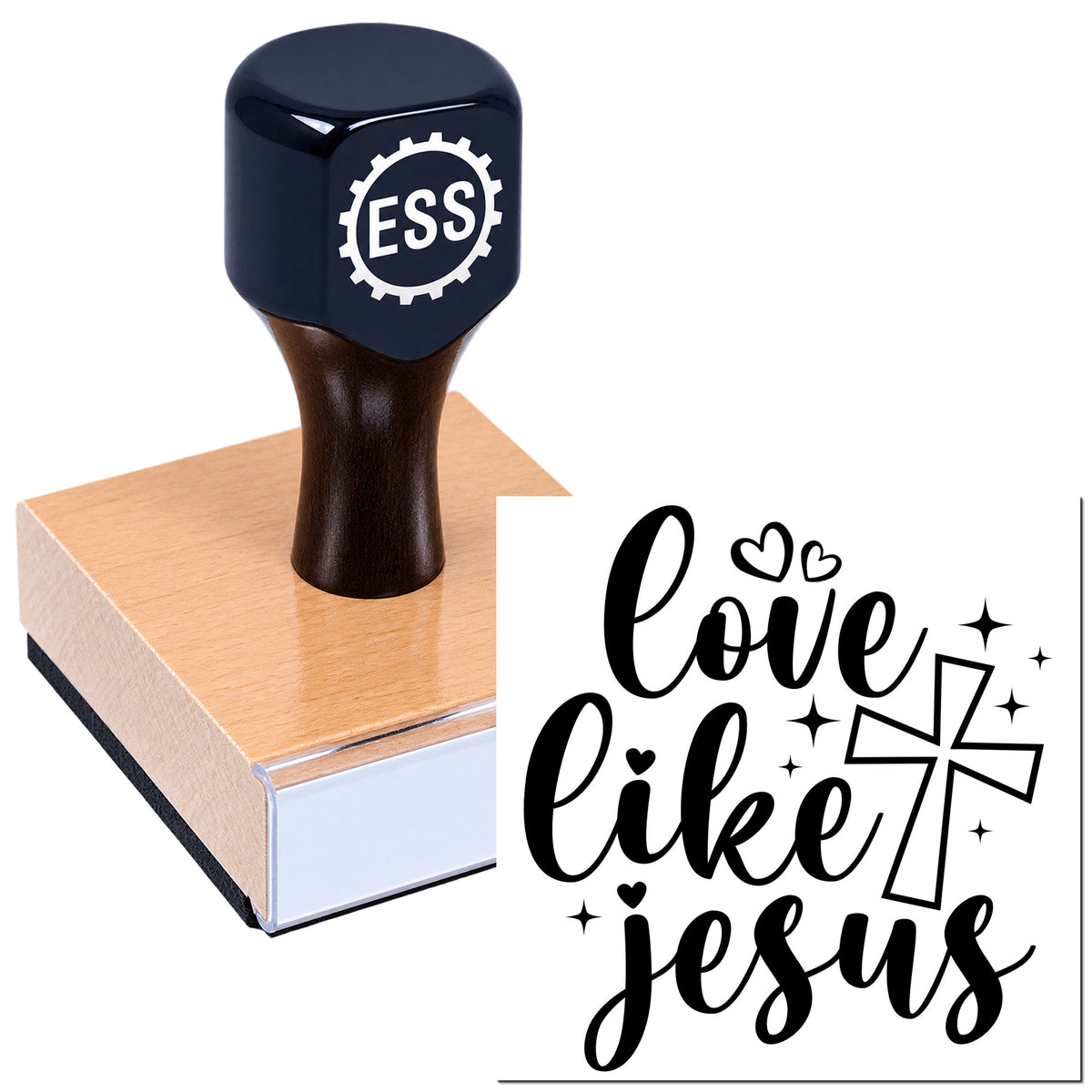 Dark navy ESS rubber stamp and seal with brown base, printing black "love like Jesus" script, hearts, and cross.