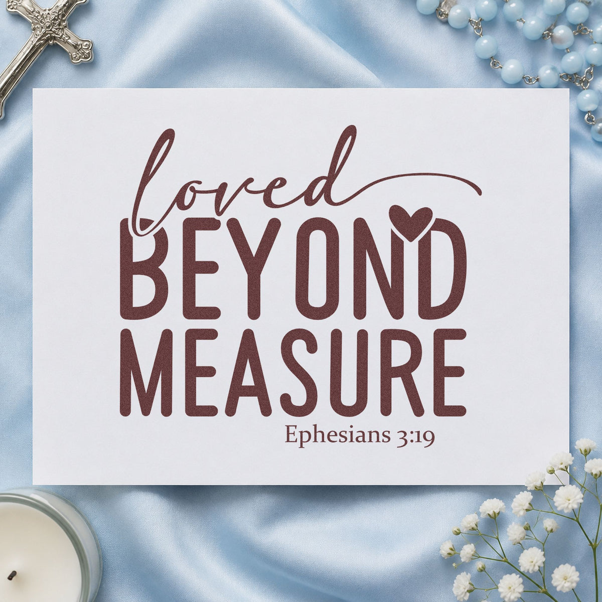 Loved Beyond Measure rubber stamp printed in brown ink, ready for birth announcement stamps and similar paper crafts.