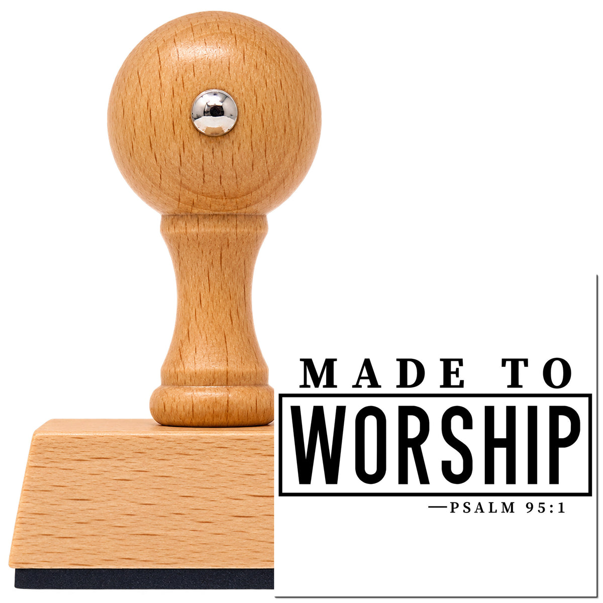 Vintage Pro beech wood stamp with a round knob handle, shown with its black Made To Worship Frame Accent imprint on white.