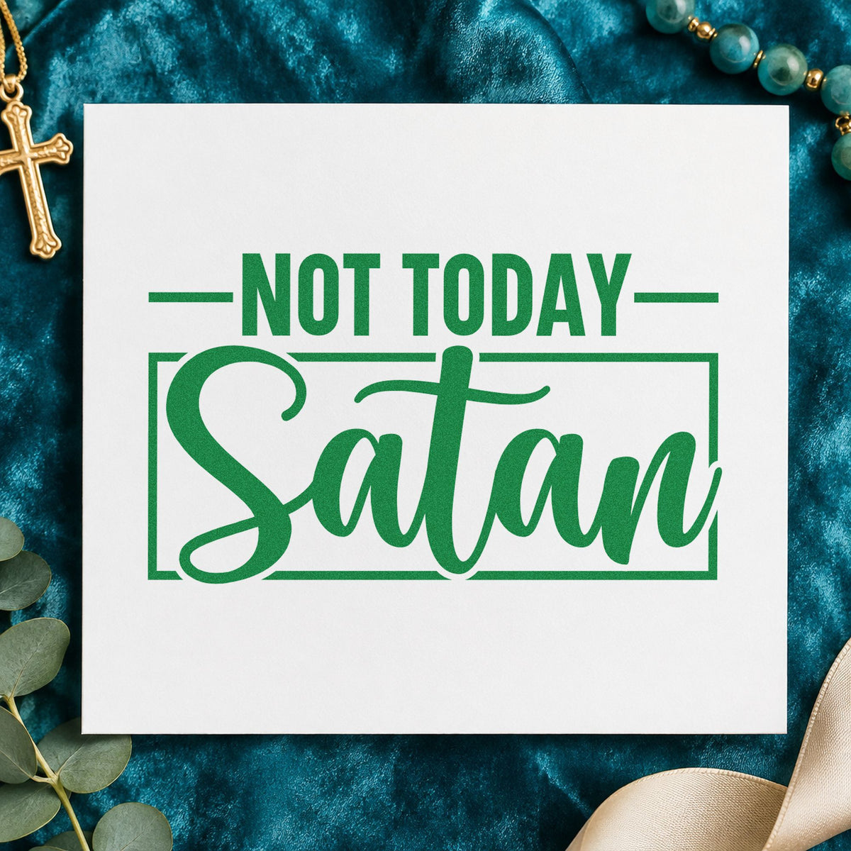 Not Today Satan craft stamp imprint in green ink on a handmade project, one idea being gym towel tags.