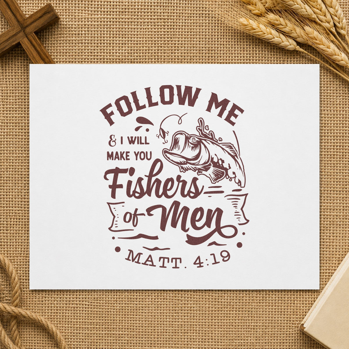 Fishers of Men rubber stamp printed in brown ink, ready for lake day pages and similar paper crafts.