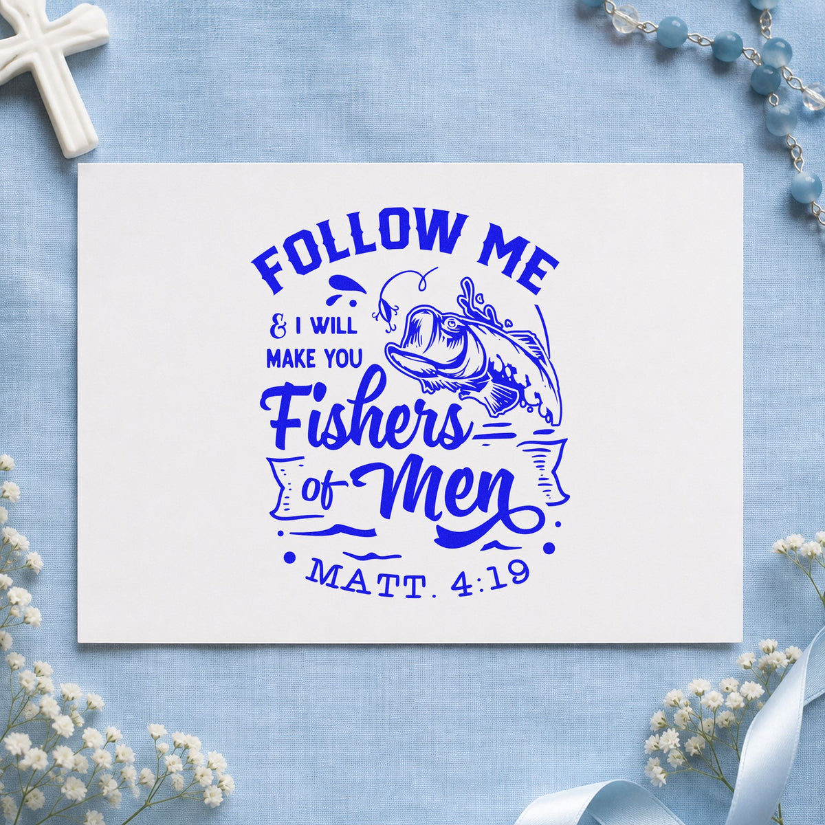 Fishers of Men craft stamp imprinted in blue ink on paper, a design suited to church picnic signs.