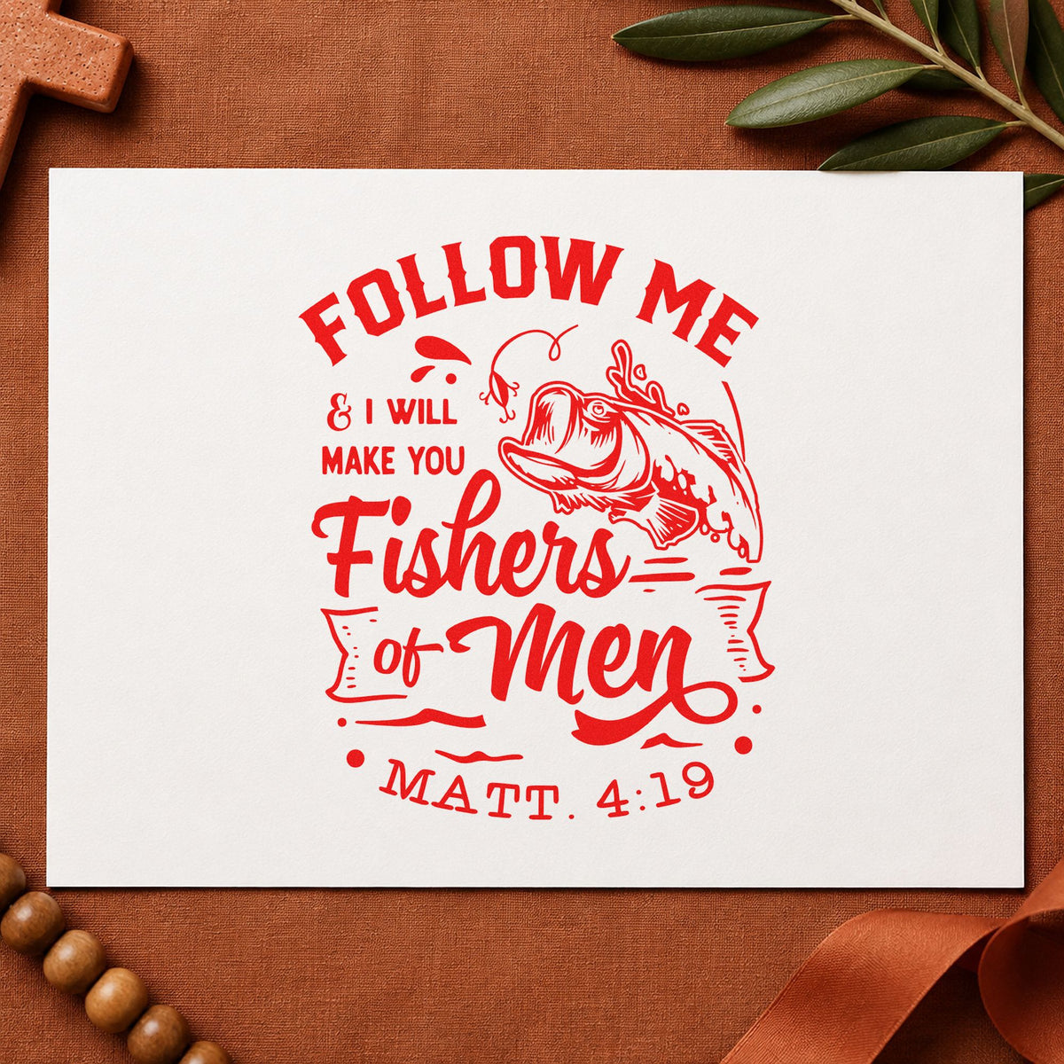Fishers of Men rubber stamp shown in red ink, stamped for projects such as men's retreat tags.