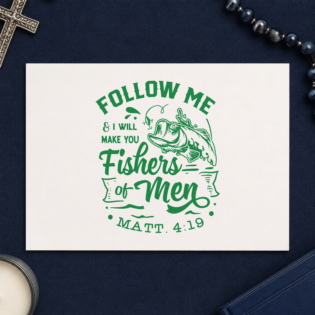 Fishers of Men craft stamp imprint in green ink on a handmade project, one idea being framed den art.