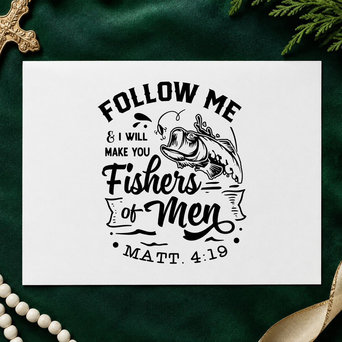 Fishers of Men rubber stamp printed in black ink, ready for hook verse cards and similar paper crafts.