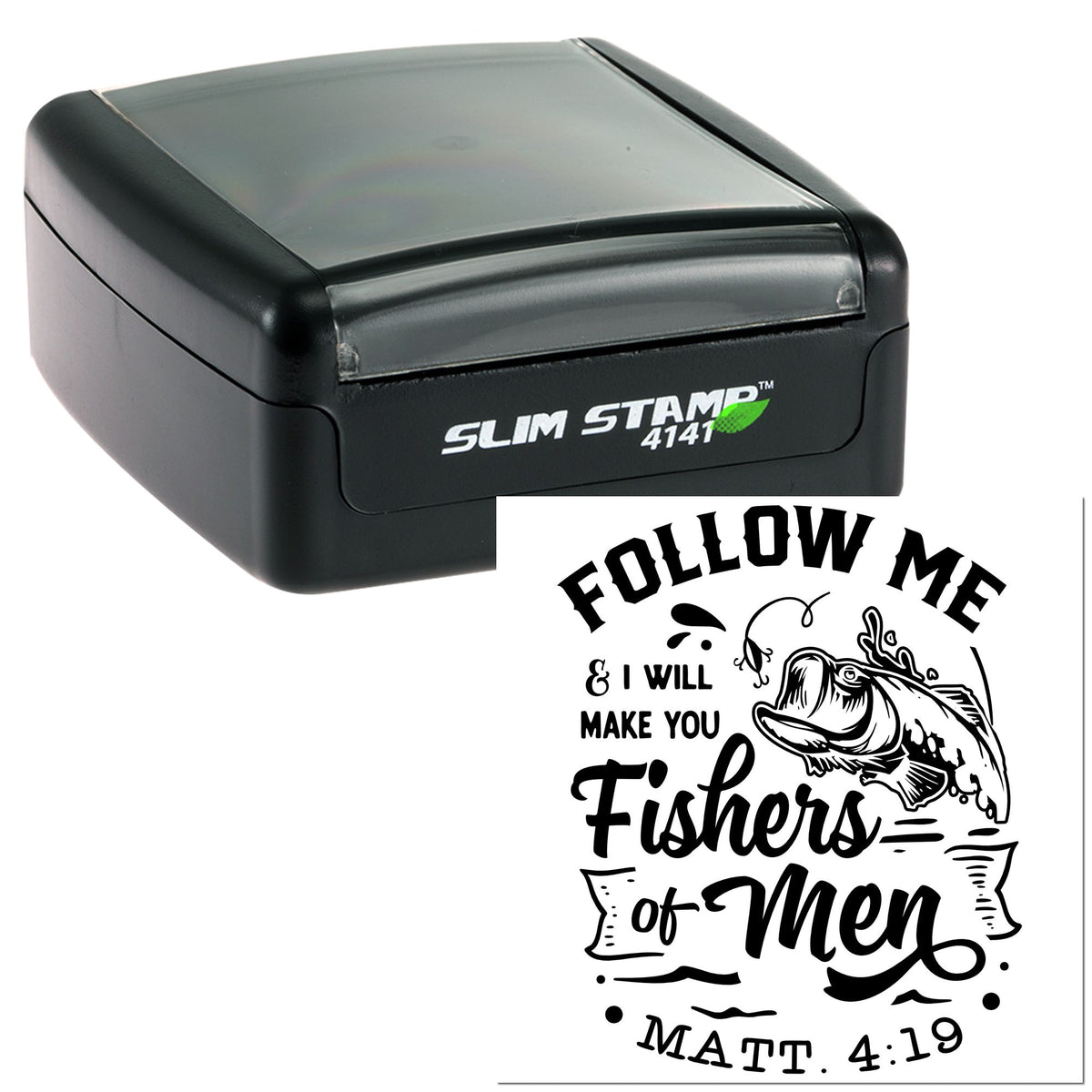 Black Slim Stamp 4141 self-inking stamp and seal with black-and-white fishing-themed Follow Me design.