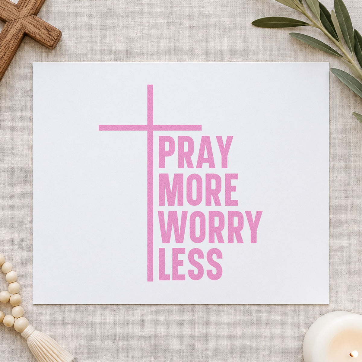 Pray More Worry Less craft stamp in purple ink on cardstock, an easy option for bookmark crafts.