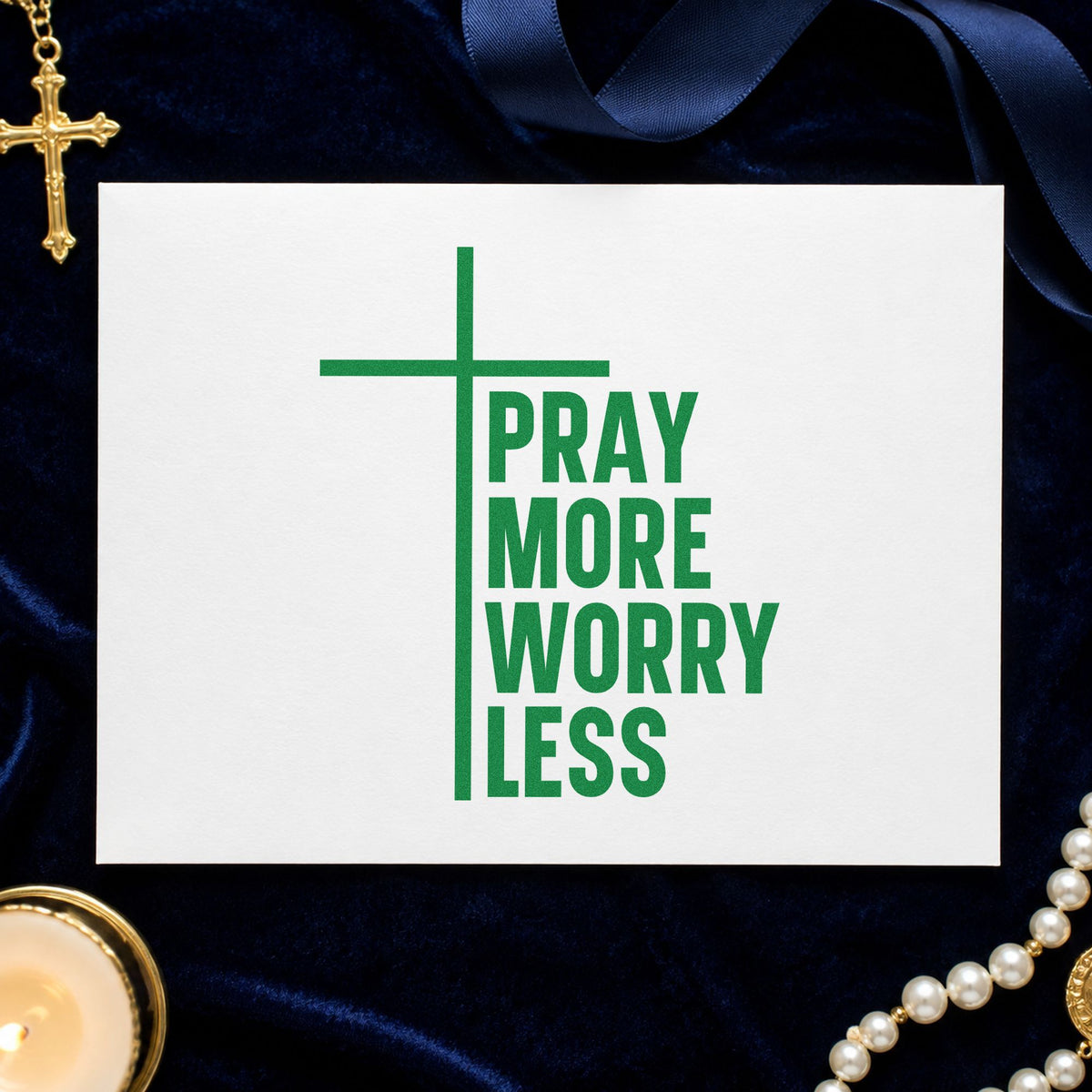 Pray More Worry Less craft stamp imprint in green ink on a handmade project, one idea being kitchen window signs.