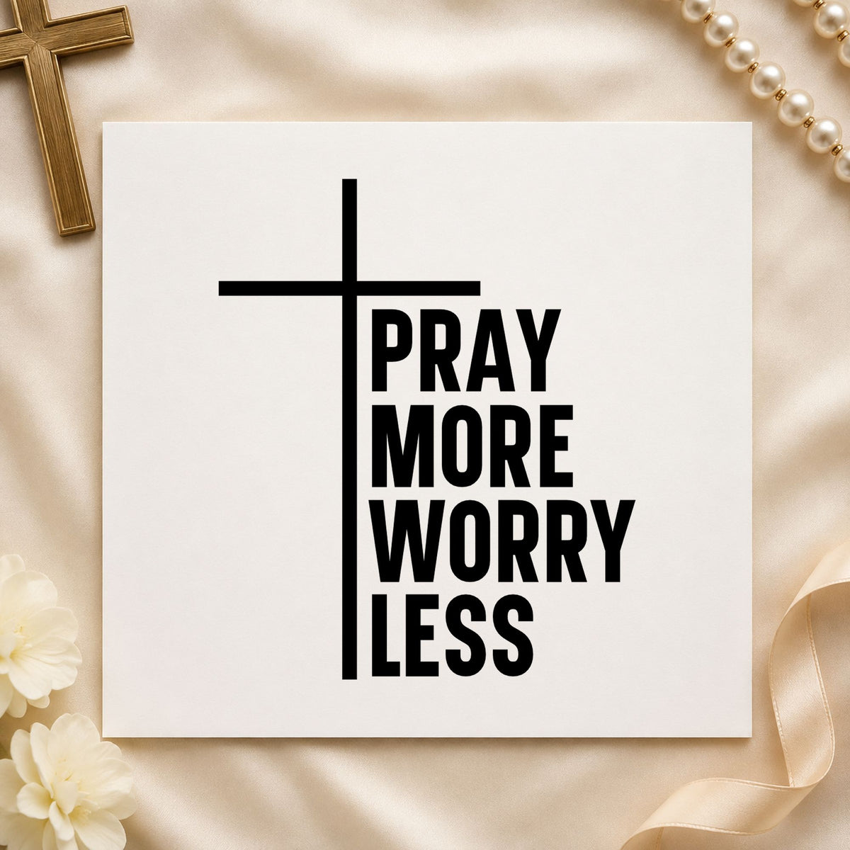Pray More Worry Less rubber stamp printed in black ink, ready for tall cross cards and similar paper crafts.