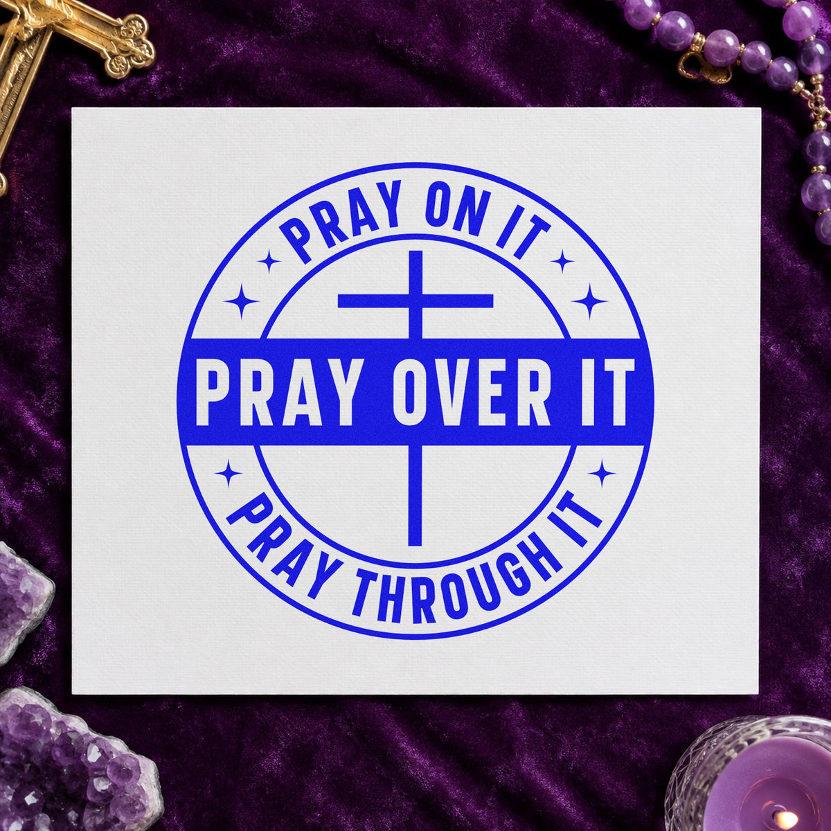 Pray on It Badge craft stamp imprinted in blue ink on paper, a design suited to coasters.