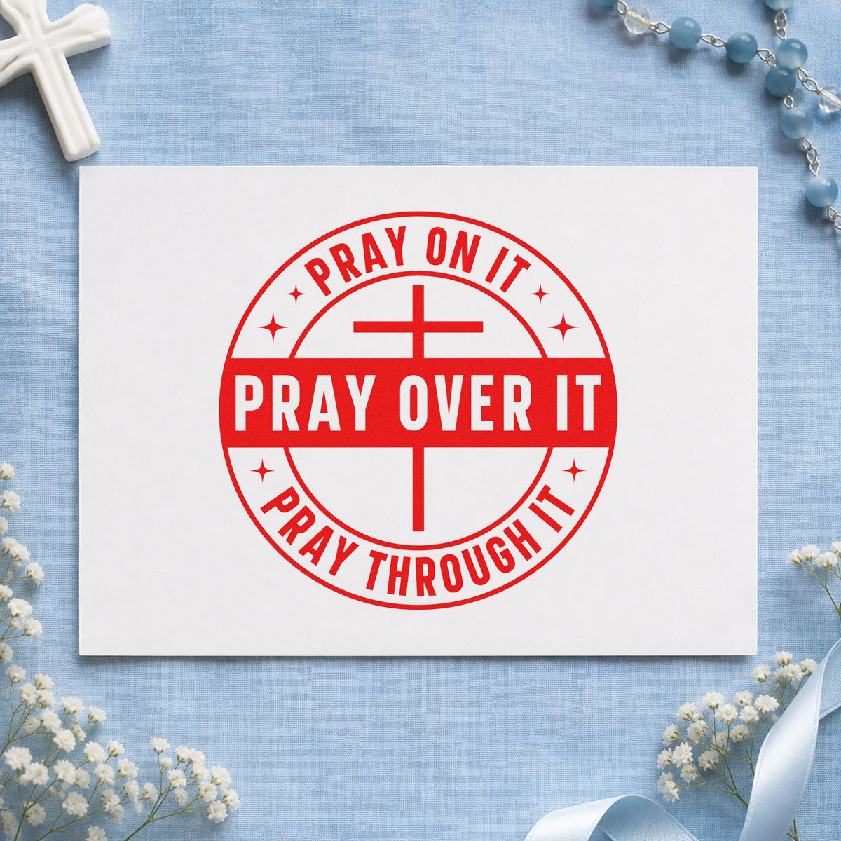 Pray on It Badge rubber stamp shown in red ink, stamped for projects such as men's group gifts.