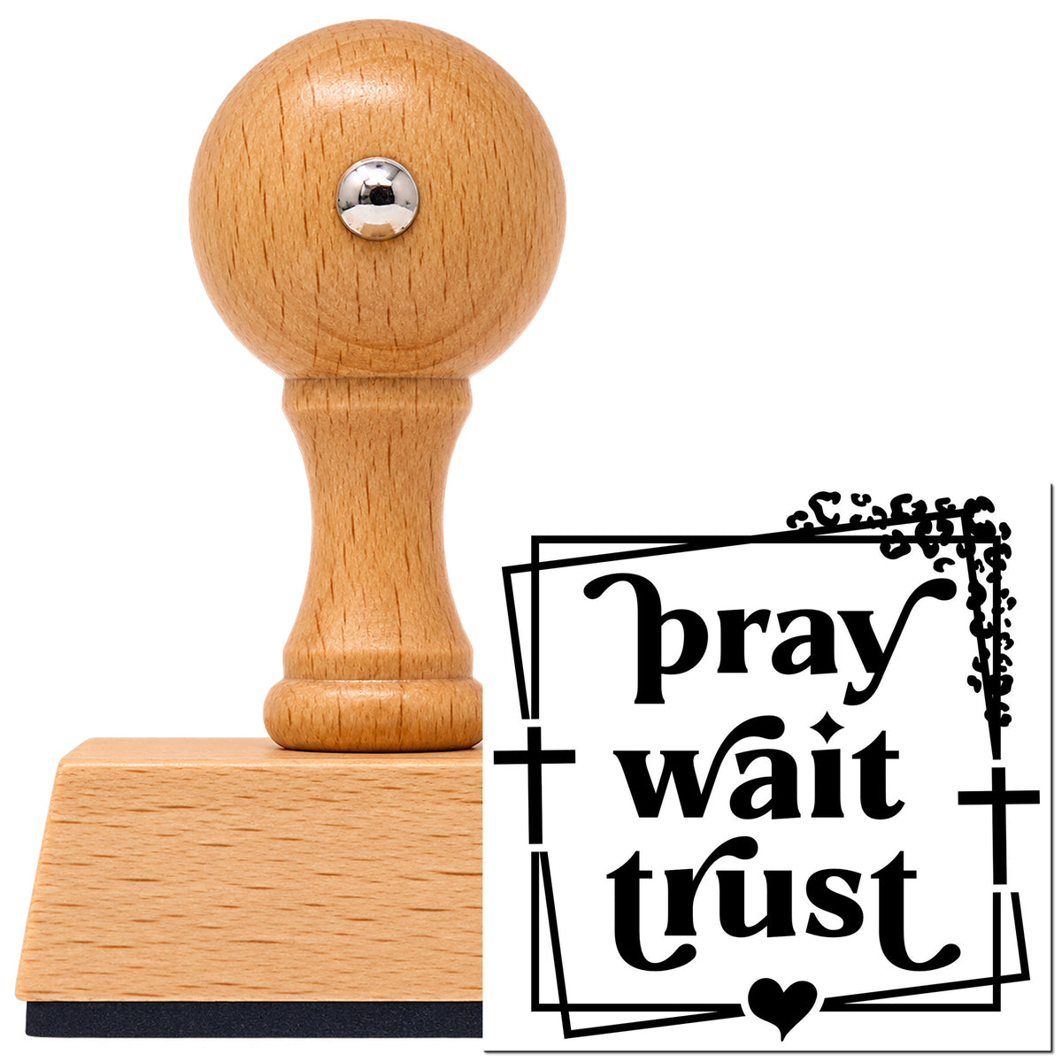 Vintage Pro beech wood stamp with a round knob handle, shown with its black Pray Wait Trust With Cross imprint on white.