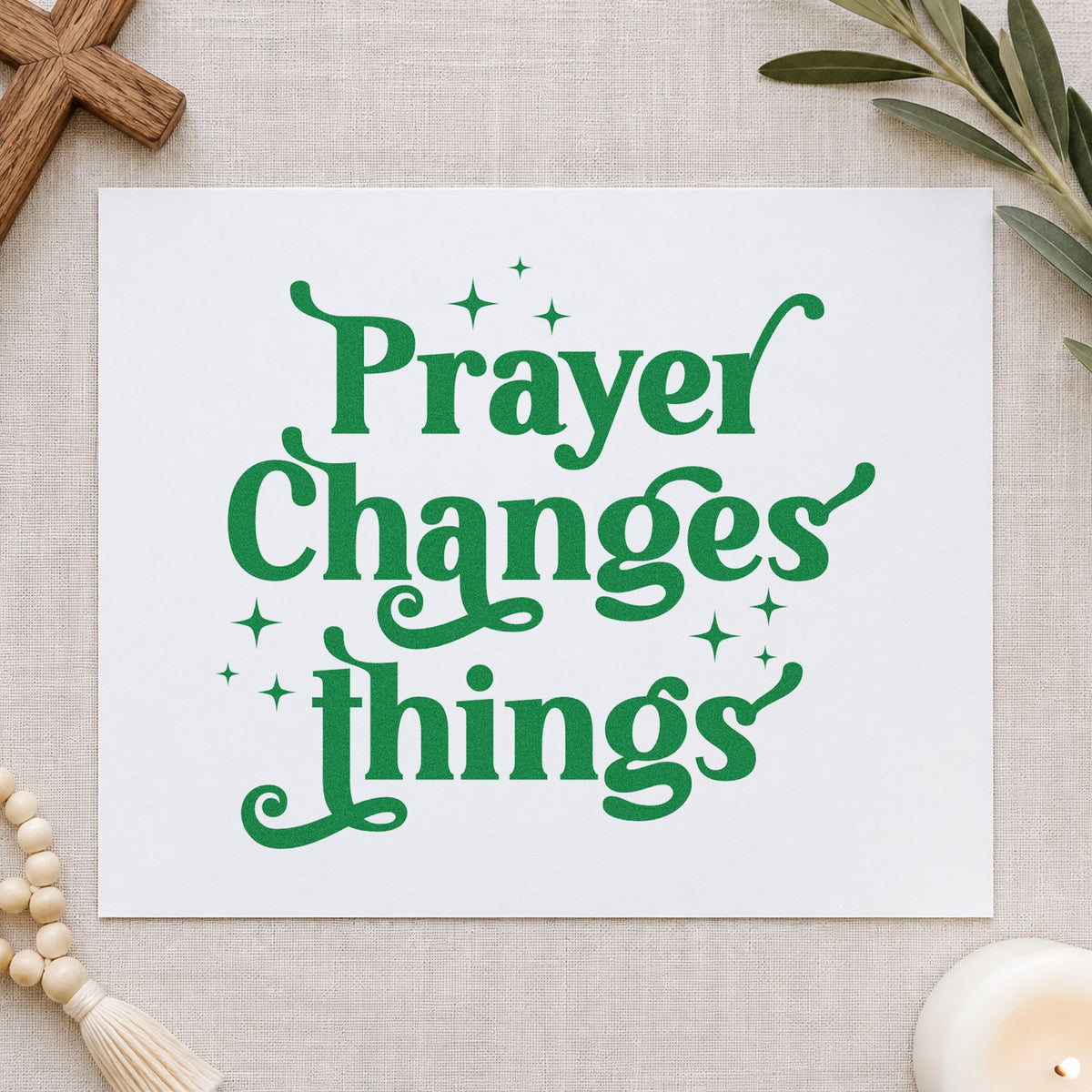 Prayer Changes Things craft stamp imprint in green ink on a handmade project, one idea being vintage stationery.
