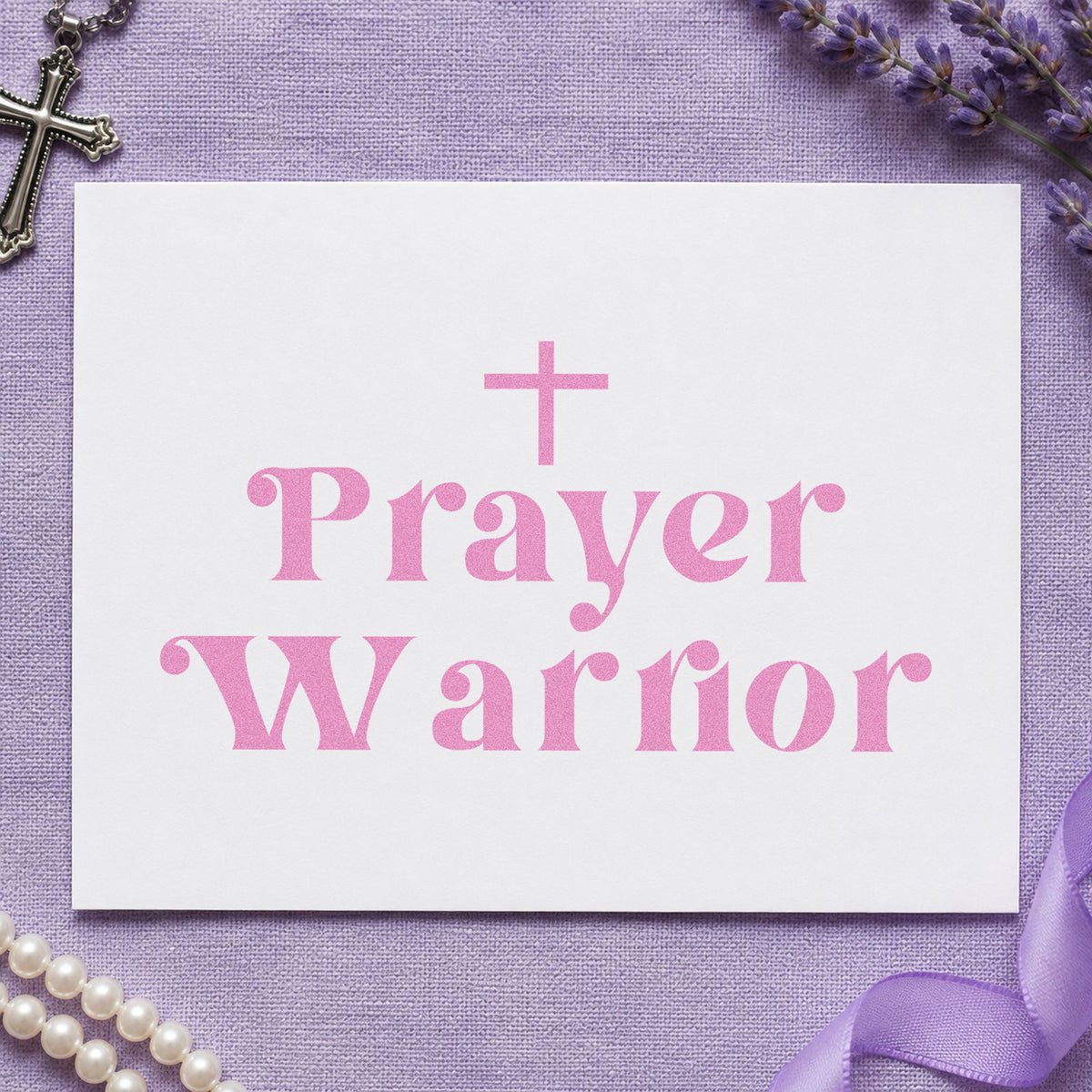 Prayer Warrior craft stamp in purple ink on cardstock, an easy option for intercessor gifts.