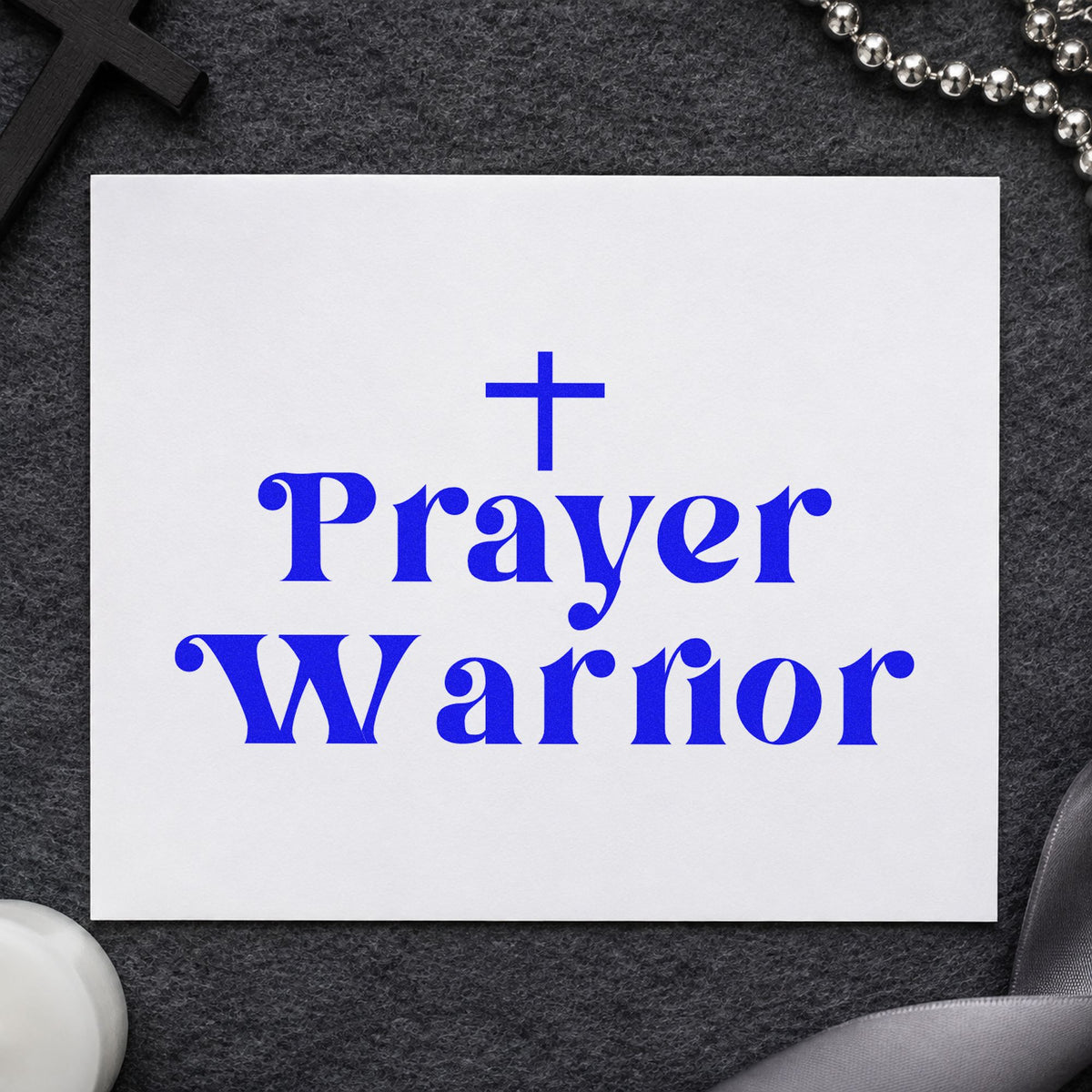 Prayer Warrior craft stamp in blue ink on cardstock, an easy option for tee transfers.