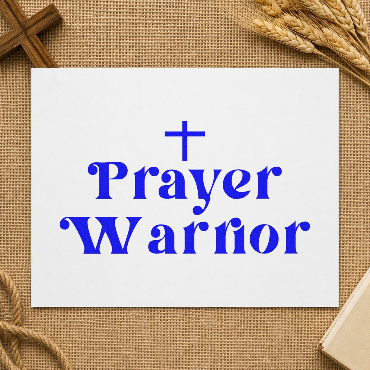Prayer Warrior craft stamp imprinted in blue ink on paper, a design suited to hospital visit cards.