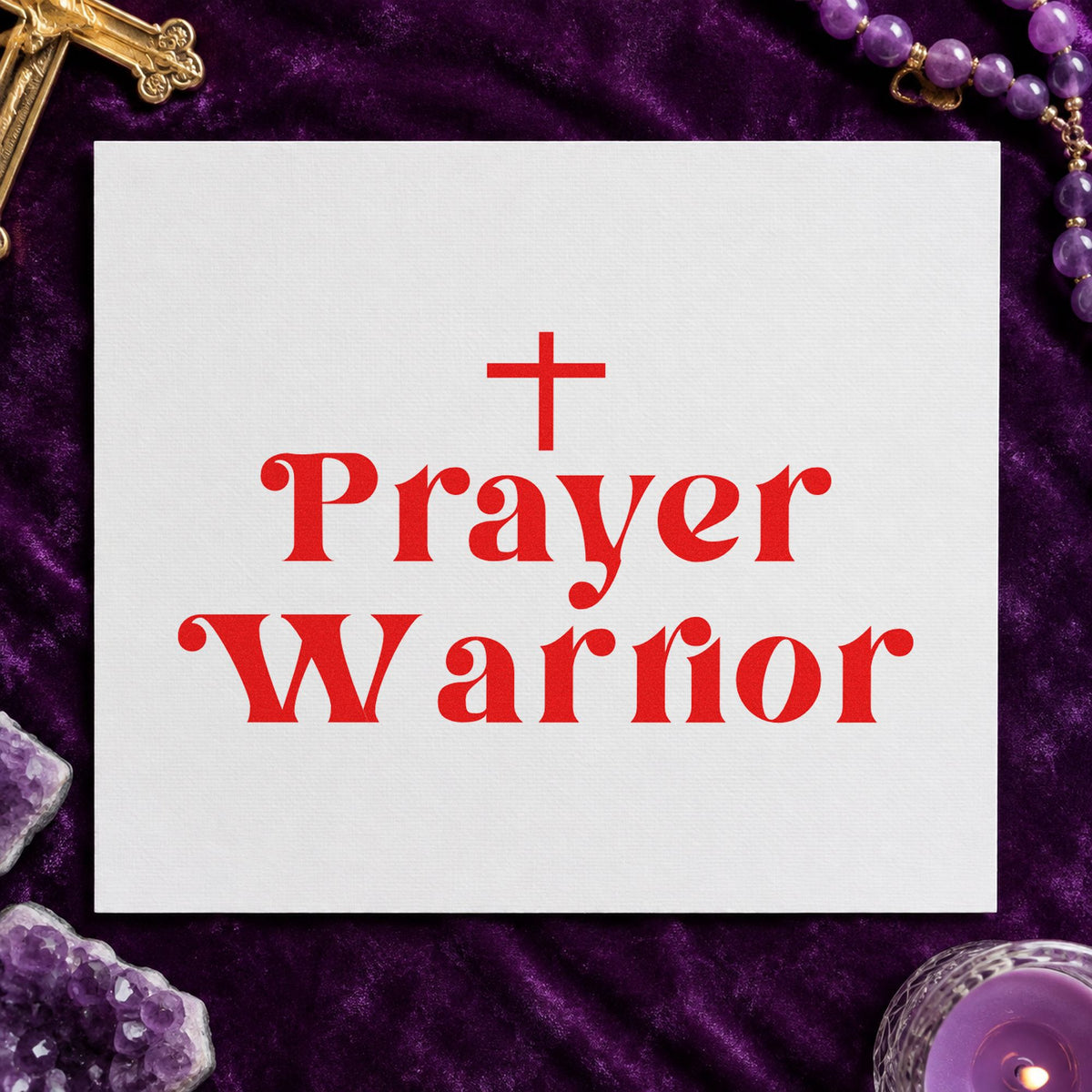 Prayer Warrior rubber stamp shown in red ink, stamped for projects such as journal cover stamping.