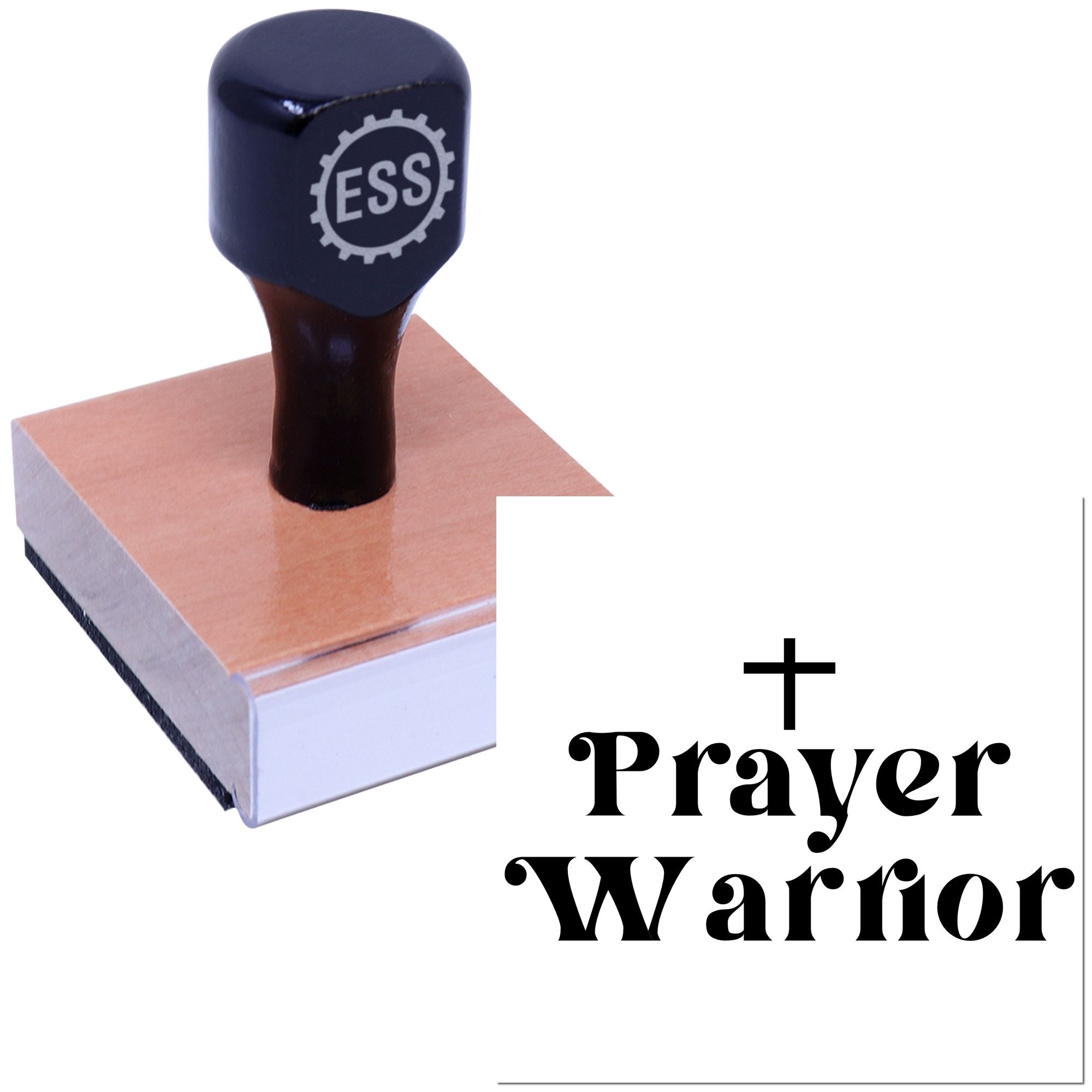 Dark navy ESS stamp seal on a wooden block, with Prayer Warrior text and a plus sign