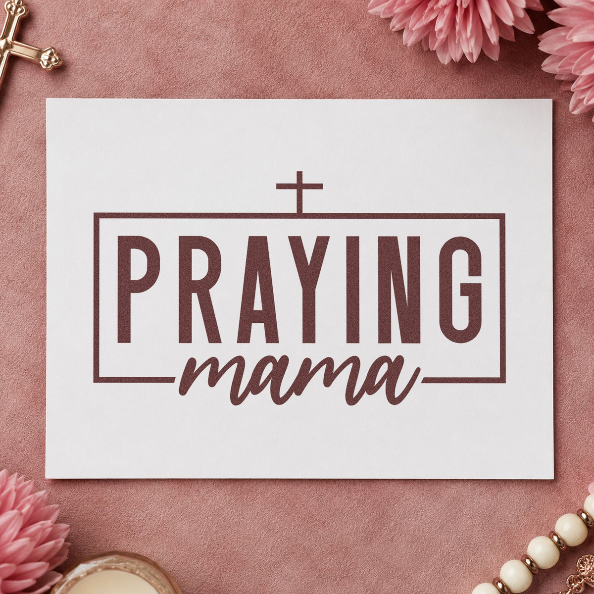 Praying Mama rubber stamp printed in brown ink, ready for motherhood pages and similar paper crafts.