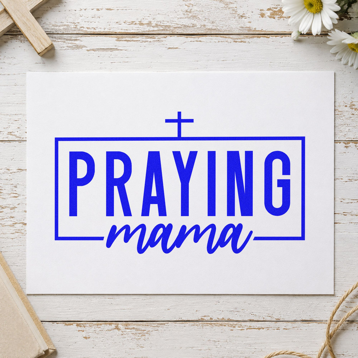 Praying Mama craft stamp in blue ink on cardstock, an easy option for canvas totes.