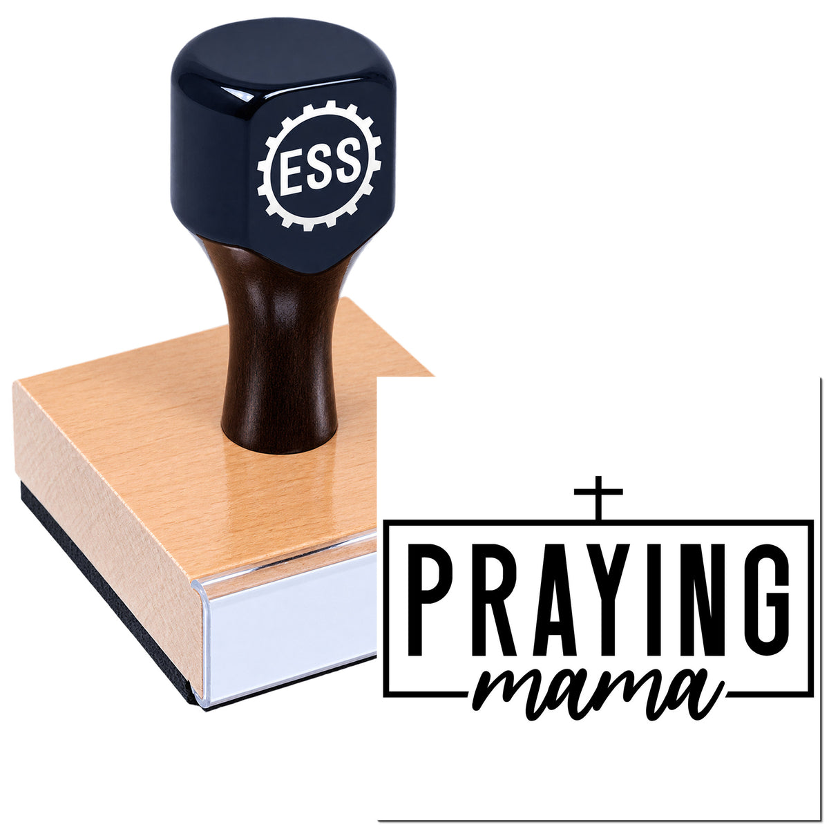 Navy rubber stamp and seal on a square block with ESS logo, beside a black Praying mama seal.