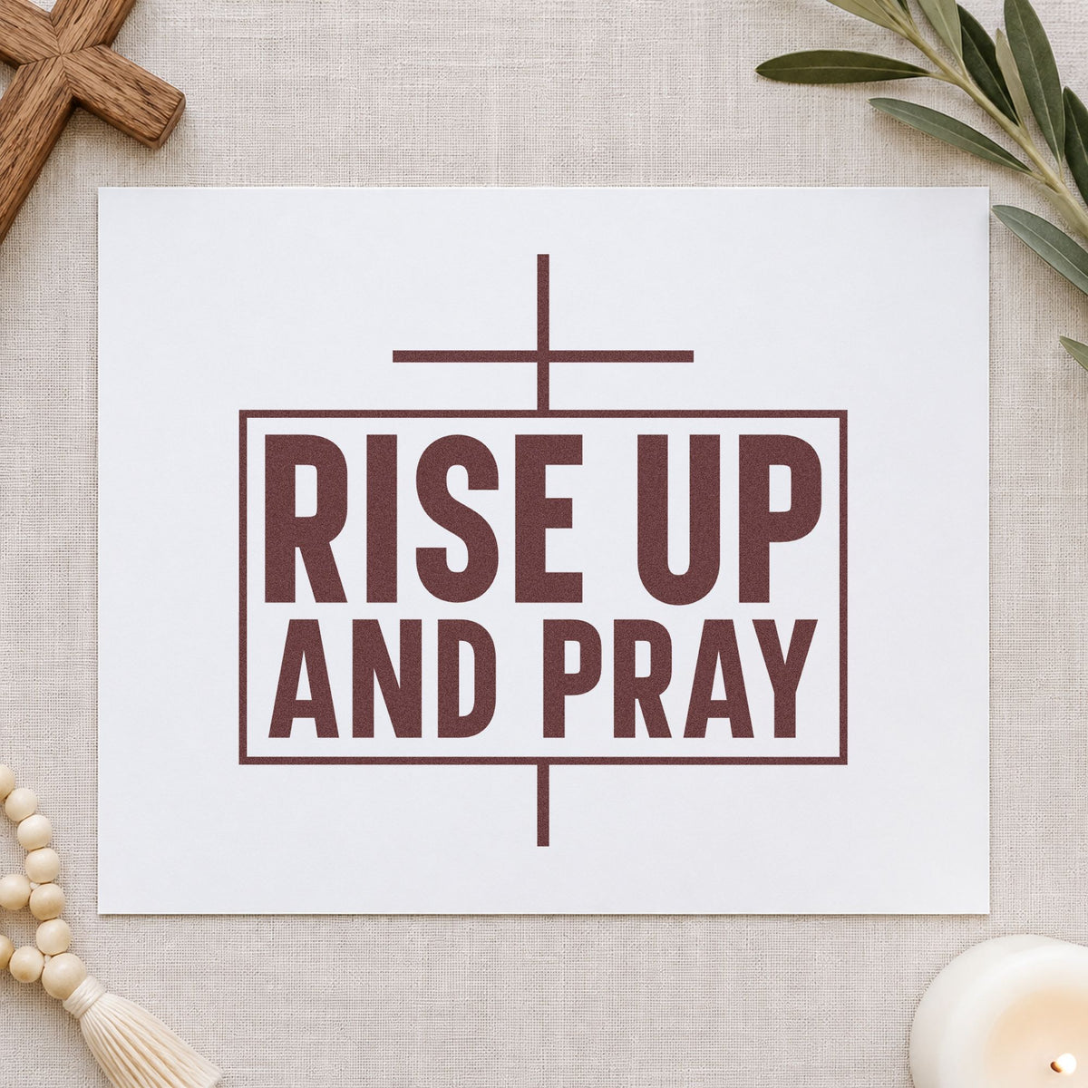 Rise Up and Pray rubber stamp printed in brown ink, ready for revival pages and similar paper crafts.