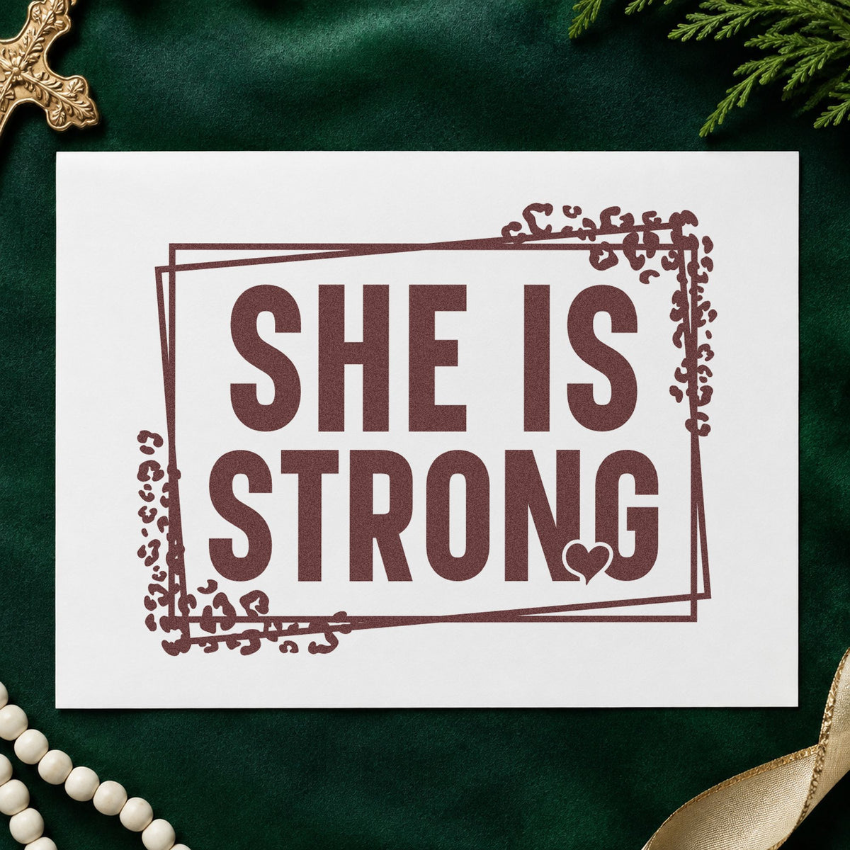 She Is Strong rubber stamp printed in brown ink, ready for tribute pages and similar paper crafts.