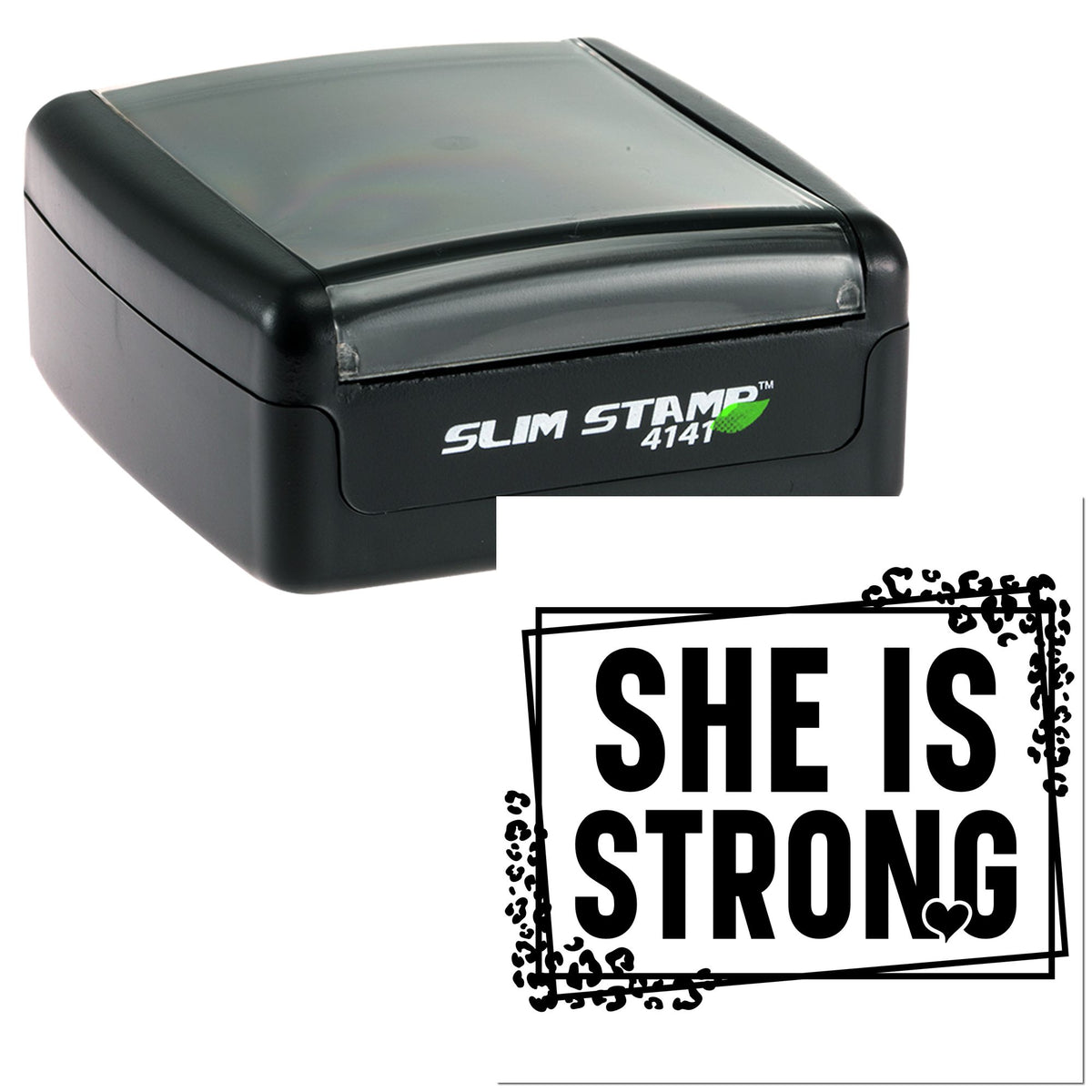 Black self-inking stamp and seal with translucent cover and bold She Is Strong design in a distressed frame.