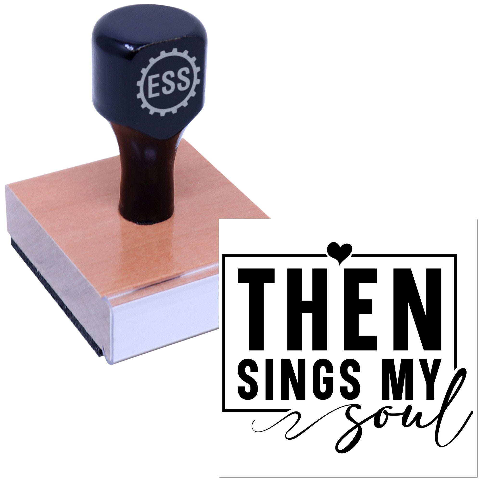 Dark navy ESS rubber stamp on wooden base beside black Then Sings My Soul seal design