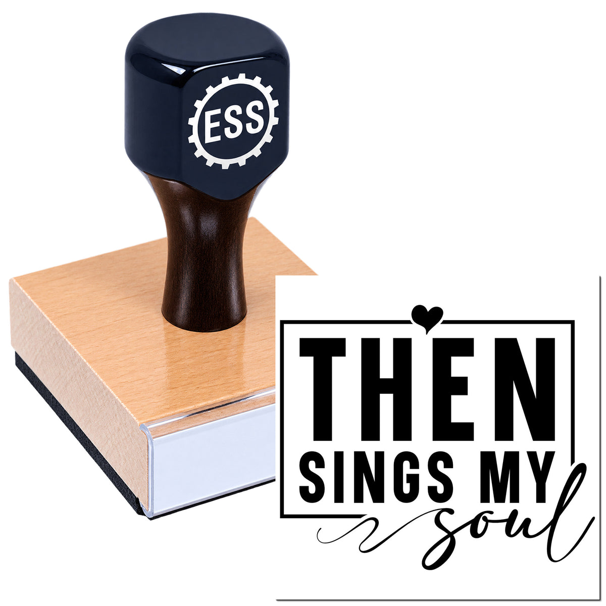 Dark navy ESS rubber stamp on wooden base beside black "Then Sings My Soul" seal design