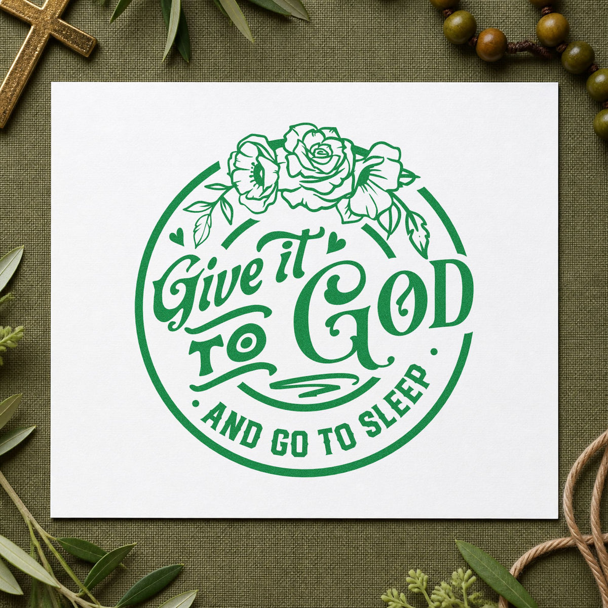 Give It to God craft stamp imprint in green ink on a handmade project, one idea being new parent notes.