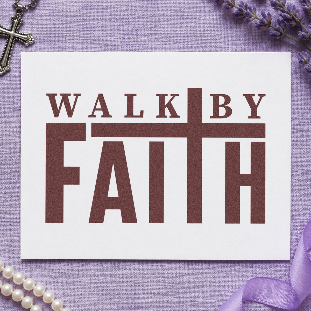 Walk by Faith rubber stamp printed in brown ink, ready for journey pages and similar paper crafts.