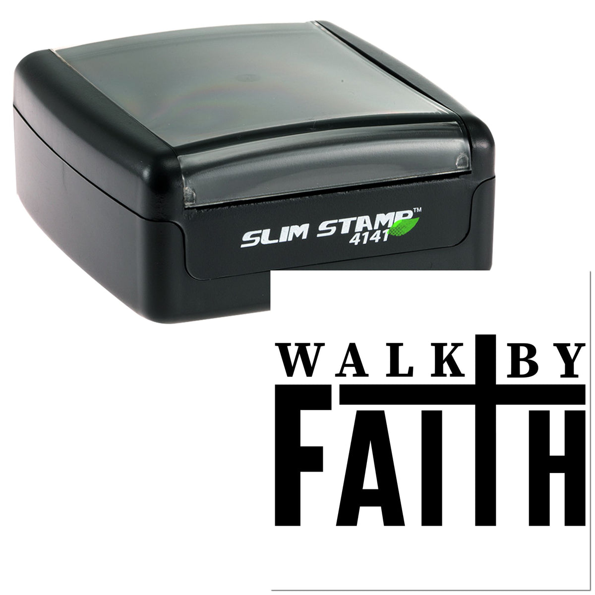 Black and gray Slim Stamp 4141 self-inking stamp and Walk by Faith seal logo on white background