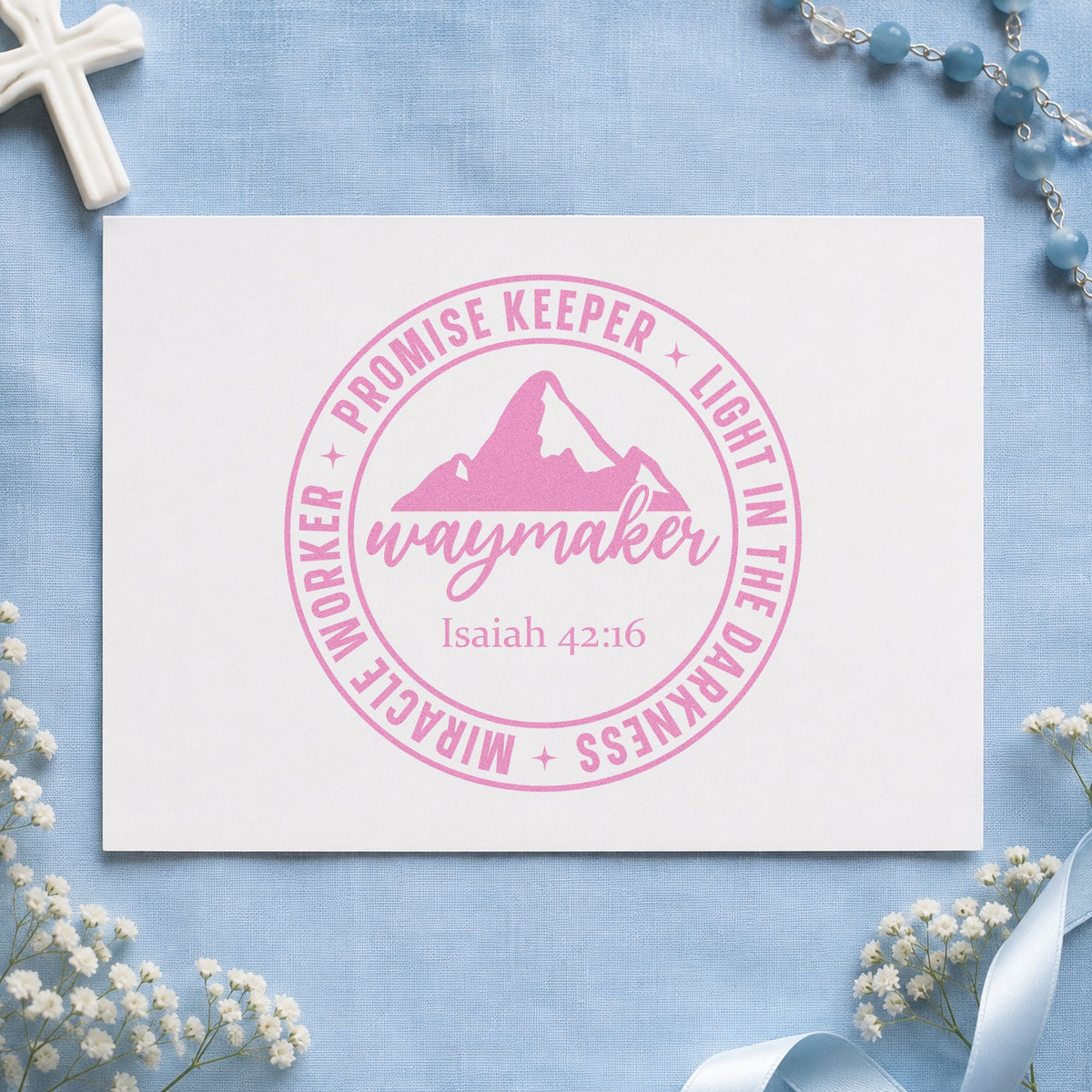Waymaker Mountain Badge craft stamp in purple ink on cardstock, an easy option for worship concert tees.