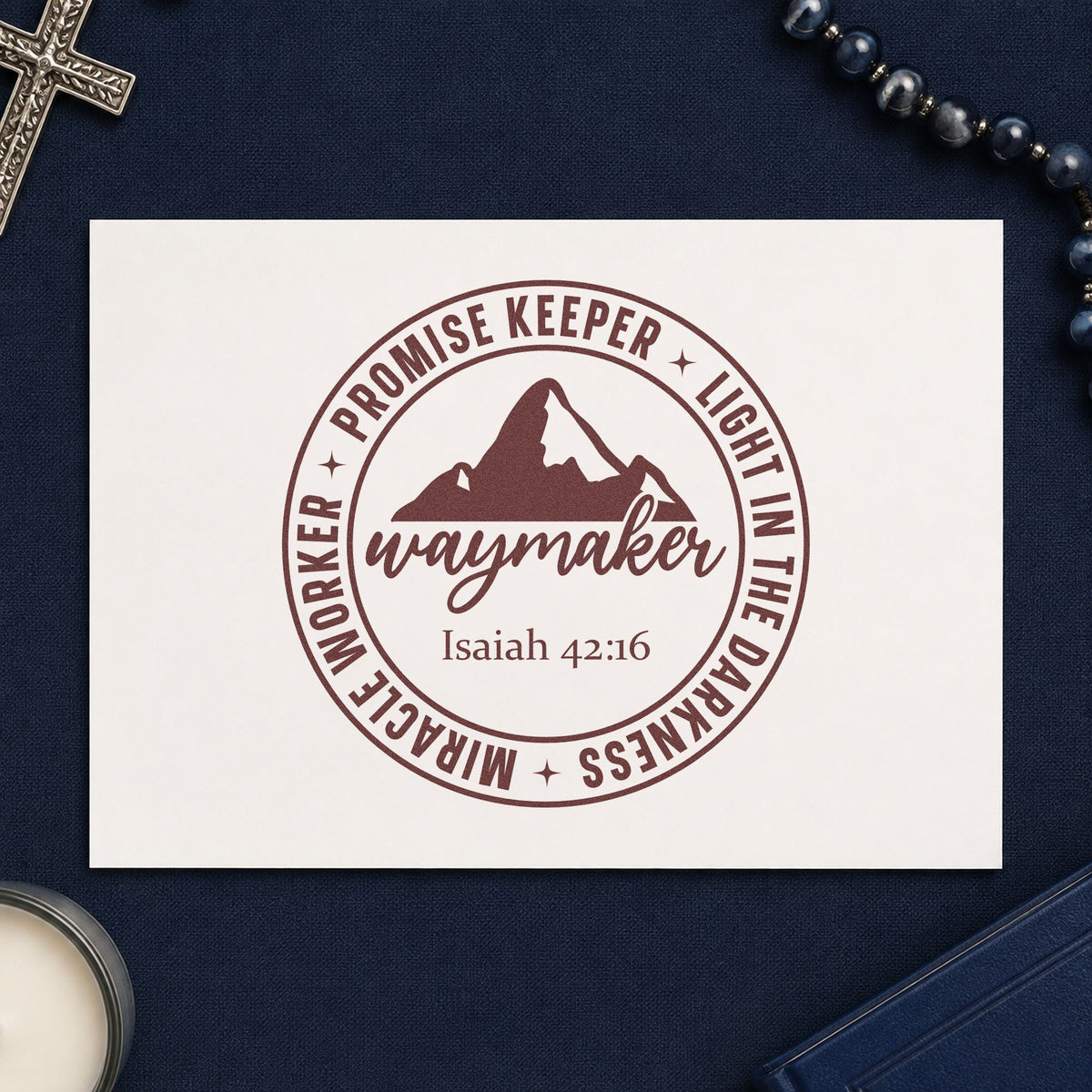 Waymaker Mountain Badge rubber stamp printed in brown ink, ready for breakthrough pages and similar paper crafts.