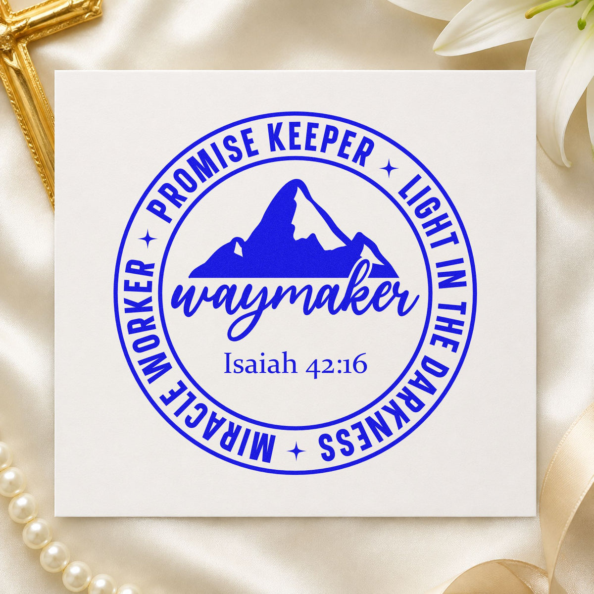 Waymaker Mountain Badge craft stamp in blue ink on cardstock, an easy option for round label seals.
