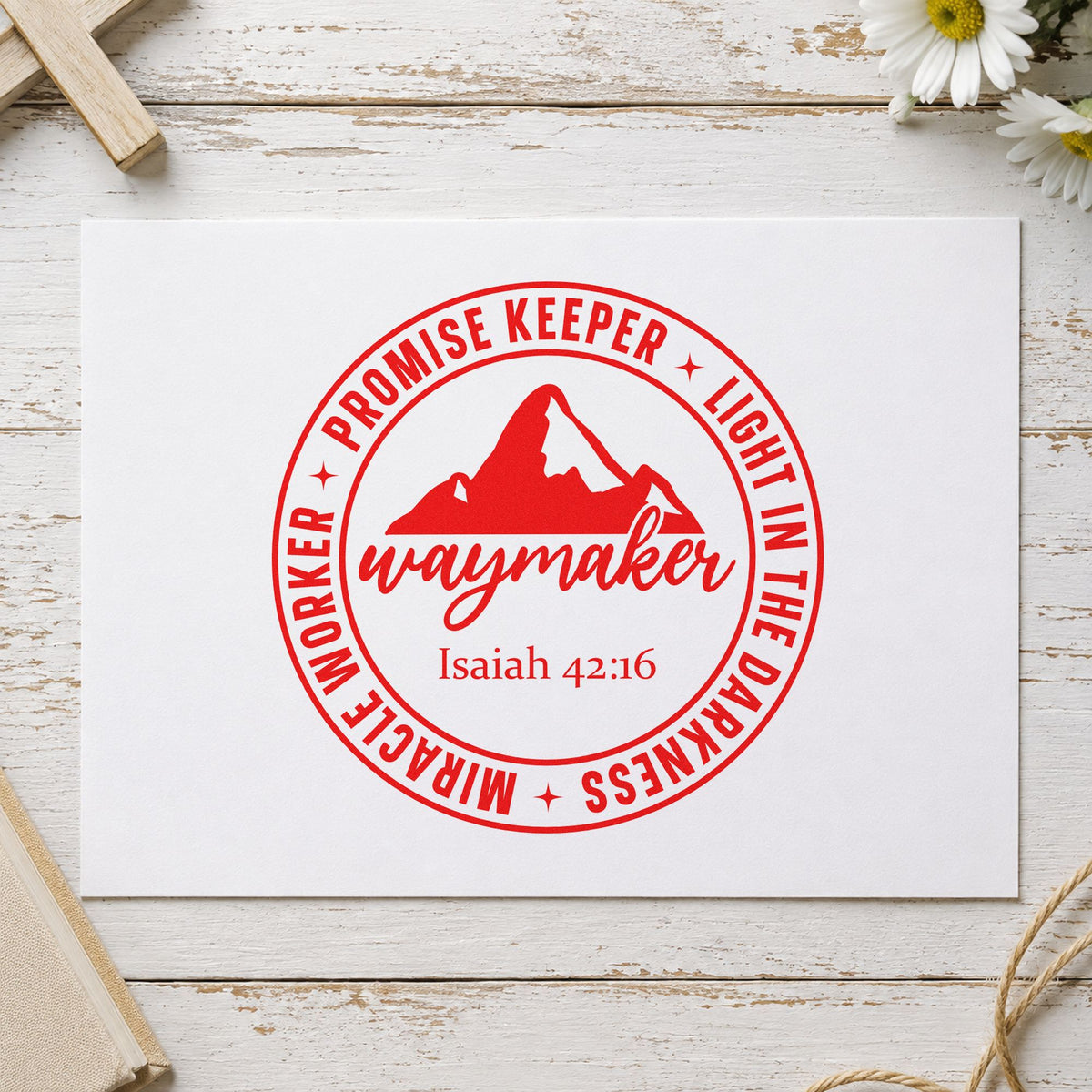 Waymaker Mountain Badge rubber stamp shown in red ink, stamped for projects such as moving day cards.