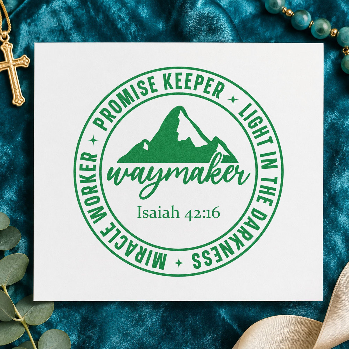 Waymaker Mountain Badge craft stamp imprint in green ink on a handmade project, one idea being framed cabin art.