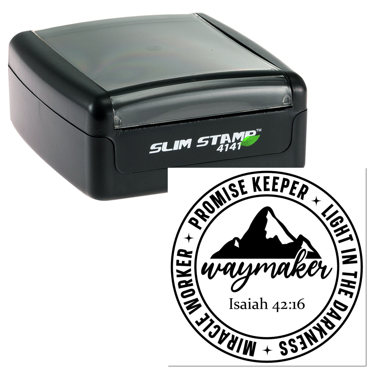 Black slim self-inking stamp and seal with circular Waymaker design, mountains, and Isaiah 42:16 text
