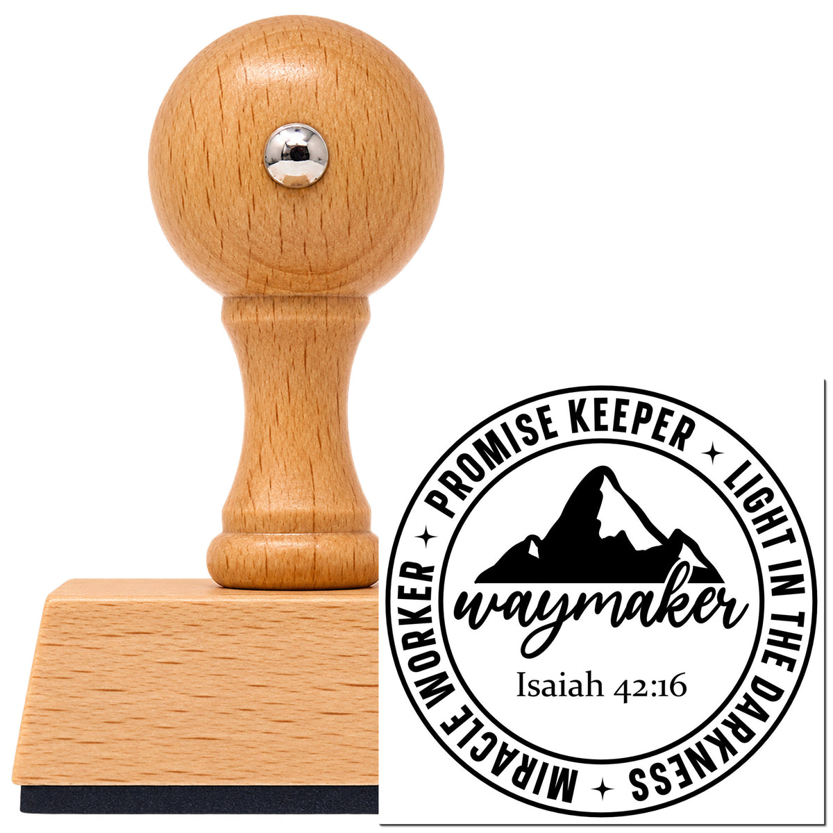 Vintage Pro beech wood stamp with a round knob handle, shown with its black Waymaker Mountain Badge imprint on white.