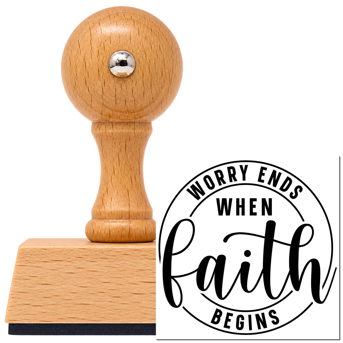 Vintage Pro beech wood stamp with a round knob handle, shown with its black Worry Ends When Faith Begins Circular Layout imprint on white.