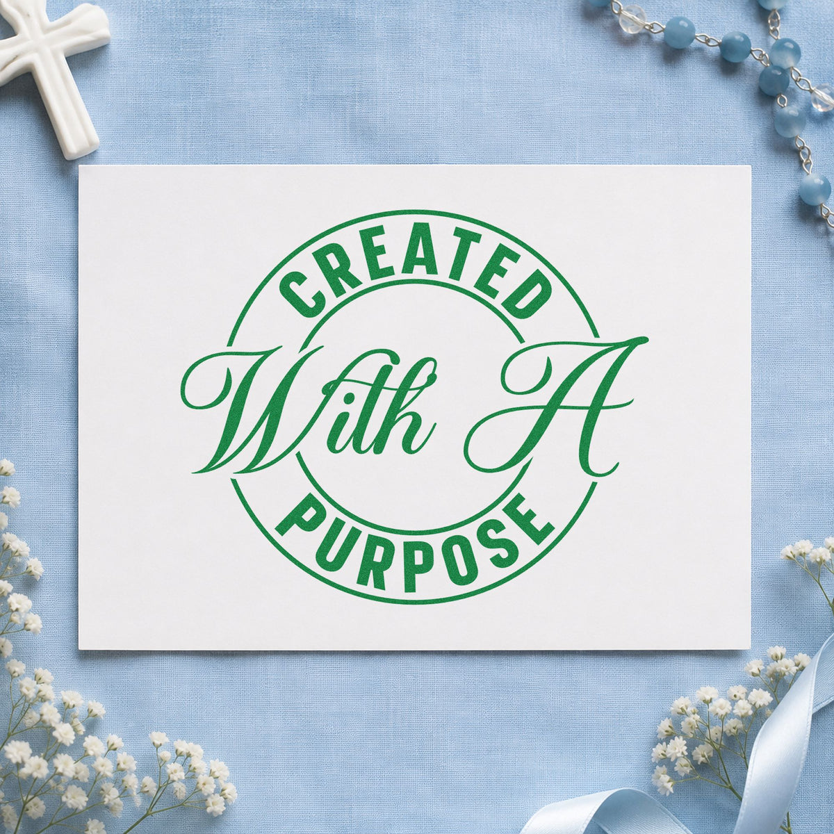 Created with a Purpose Badge craft stamp imprint in green ink on a handmade project, one idea being maker shop stickers.