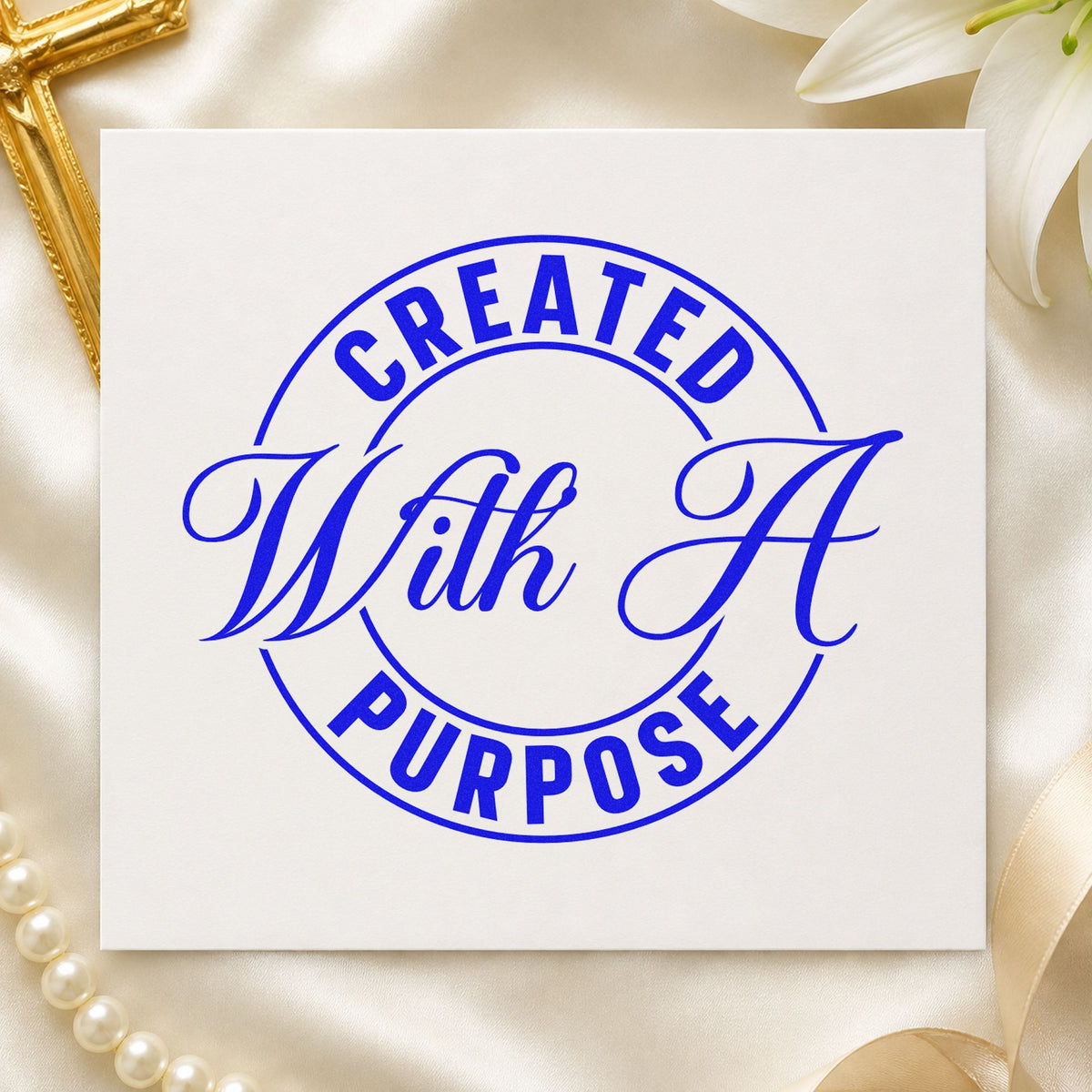 Created with a Purpose Badge craft stamp imprinted in blue ink on paper, a design suited to youth camp tees.