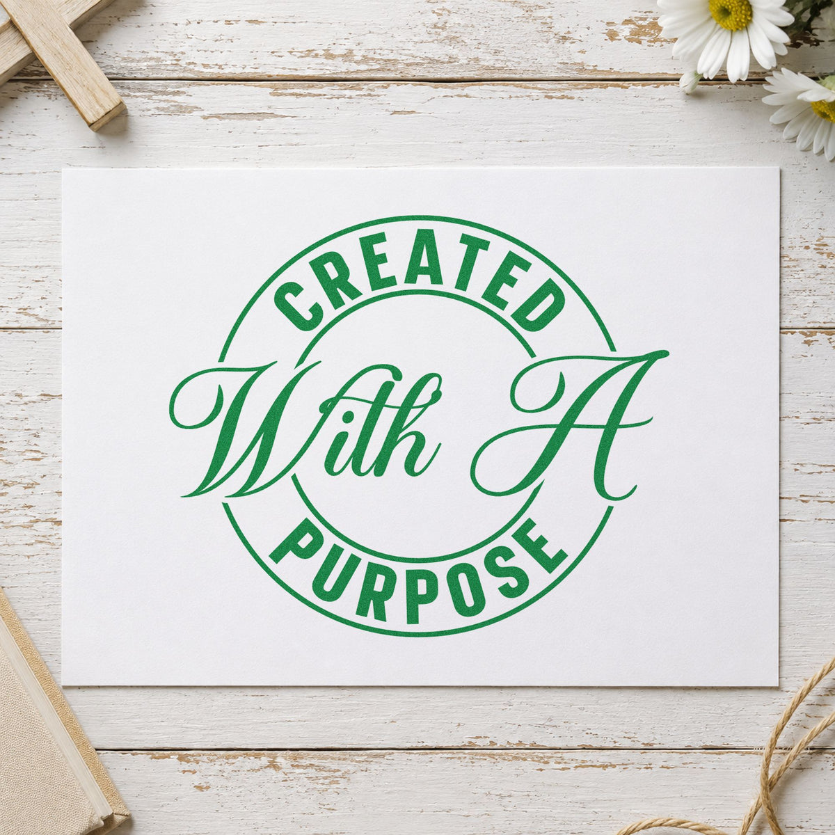 Created with a Purpose Badge craft stamp imprint in green ink on a handmade project, one idea being framed nursery art.